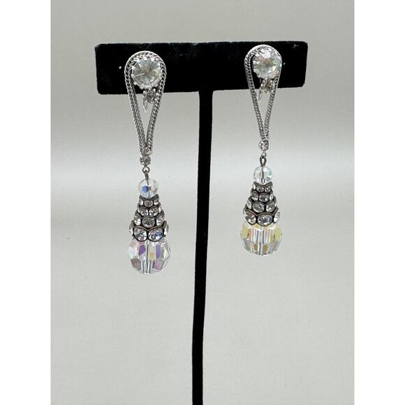 Vintage Art Deco Clear Rhinestone Aurora Borealis Pendulum Silver Tone Earrings - Picture 1 of 11